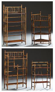 Group of Four Anglo-Indian Bamboo Bookshelves, late 19th c., one of corner form with four shelves, one rectangular with three shelves, one of etagere 