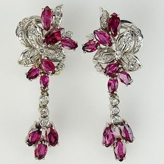 Lady's Vintage Approx. 2.5 Carat Marquise Cut Ruby, .60 Carat Diamond and 14 Karat White Gold Earrings.