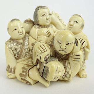 Early 20th Century Japanese Carved Netsuke of 5 Figures in a Pile.