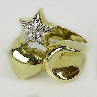 Italian 14 Karat Yellow Gold and Diamond Moon, Star and Heart Ladies Ring.