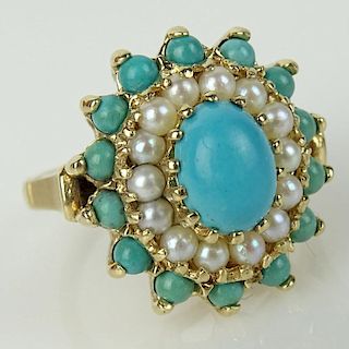 Lady's 10 Karat Yellow Gold, Turquoise and Seed Pearl Ring.