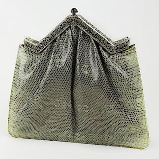 Judith Leiber Snakeskin Shoulder bag with Silver Tone Metal and Diamond Simulant Clasp.