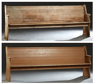 Two Long Louisiana Cypress Church Pews, early 20th c., the canted six board back over rectangular armrests, atop single board seats, H.- 36 in., W.- 8