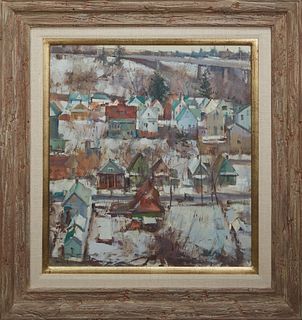 Delbert Gish (1936-, American/Washington), "Freeway," 20th c., oil on board, signed lower right, presented in a rustic wooden frame, H.- 23 1/2 in., W