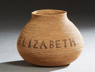 Native American "Elizabeth" Woven Straw Shoulder Jar, 19th c., Chemeuhevi Tribe, H.- 7 1/2 in., Dia.- 9 in. Provenance: items deaccessioned from the H