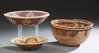 Three Native American Woven Coil Circular Baskets, 20th c., with polychromed decoration, Largest- H.- 6 in., Dia.- 11 3/4 in. (3 Pcs.) Provenance: fro