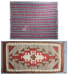 Two Navajo Style Indian Blankets, 20th c., one in brown, H.- 28 3/4 in., W.- 56 1/4 in.; the second in vivid shades of aqua, magenta, black and white,