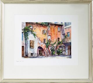 Nouri, "Campo Dei Fiori," 20th c., watercolor on paper, pen titled lower left margin, pen signed lower right, presented in a narrow giltwood frame, H.
