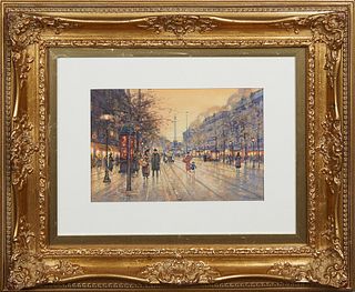 Paul Renard (1941-1997, French), "Paris Street Scene," 20th c., gouache on panel, signed lower right, presented in a gilt and gesso frame, H.- 7 1/2 i