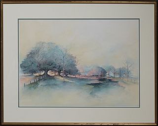 Michael Wayne Broussard (American), "Louisiana Landscape with Live Oaks," 20th c., watercolor on paper, signed lower left, presented in a gilt wooden 