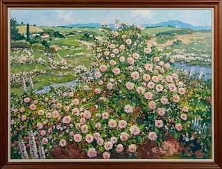 Ferdinand Kallik (Czech), "Field of Roses," 20th c., oil on canvas, signed lower right, presented in a wooden frame, H.- 35 1/2 in., W.- 47 1/2 in., F