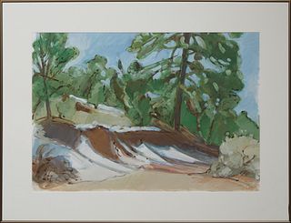 Peter Ruta (1918-2016, American), "Abstracted Pine Tree by Hill," 20th c., gouache on paper, signed lower right indistinctly, presented in a bronzed m