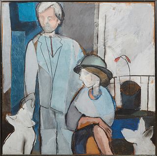 Susan Langen Schamp, "Wedding Picture with Dogs," 20th c., gouache on paper, laid to masonite, H.- 47 1/2 in., W.- 47 1/4 in.