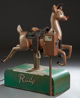 "Rudy," Coin Operated Child's Ride, 20th c., of Rudolph the red nosed reindeer, by United Tool and Engineering Co., with original leather saddle, on a