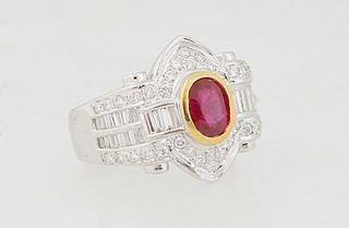Lady' 18K Yellow and White Gold Dinner Ring, with a central oval 1.12 faceted ruby flanked by baguette diamond sides and round diamond mounted top and