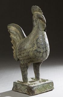 African Benin Bronze Rooster, 20th c., Nigeria, with incised decoration, on an integral square base, H.- 19 1/2 in., W.- 6 in., D.- 13 in. Provenance: