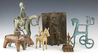 Group of Six African Benin Bronze Sculptures, 20th c., consisting of a man on a horse; a horse and rider, Dogon; a gilt horse and warrior, Dogon; a ma