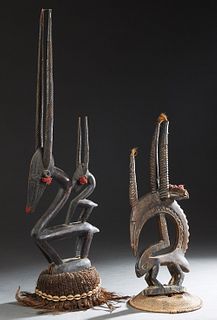 Group of Four African Carved Wood Items, 20th c., Chiwara, Mali, consisting of a harvest ceremonial headdress, of antelope form, with a basket hat and