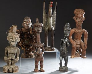 Group of Six Carved Wood African Figures, consisting of an ancestor figure of a chief on a stool; ancestor carving with raffia hair, Congo; a stylized