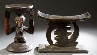 Two African Carved Wood Chief's Stools, 20th c., one circular with a figural woman support, on a stepped circular base; the second with a curved recta