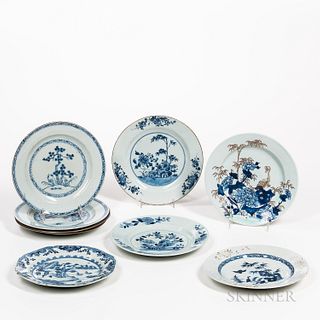 Nine Assorted Blue and White Export Plates