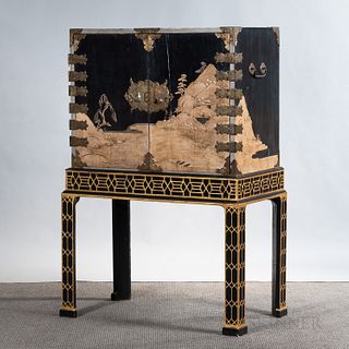 Japanese Export Metal-mounted Black Lacquer and Gilt Cabinet on Stand