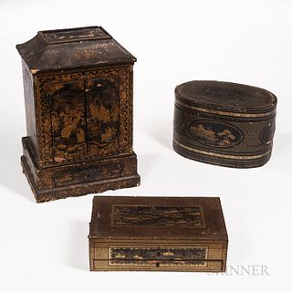 Three Export Gilt-decorated Lacquer Items
