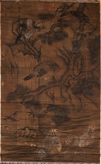 Hanging Scroll Depicting Hawks on a Gnarled Pine
