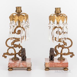 Pair of Gilt, Brass, and Marble Lustres
