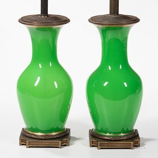 Pair of Green Glass Lamp Bases