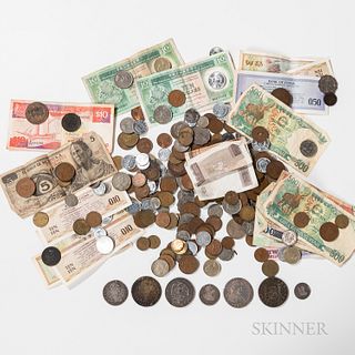 Group of World Coins and Paper Money