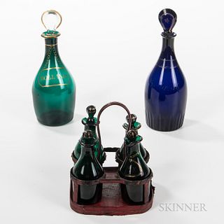 Two Small Blown Colored Glass Decanters and a Dark Green Glass Cruet