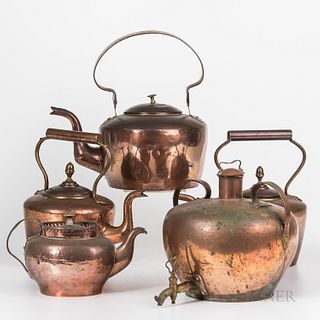 Three Copper Kettles, a Hot Water Urn, and a Small Teapot