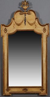 Italian Polychromed and Gilt Overmantle Mirror, 20th c., the double arched top with a central urn decoration over a garland frieze and a shaped plate,