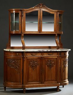 French Louis XVI Style Carved Walnut Marble Top Sideboard, early 20th c., with a beveled glass mirror back over a highly figured Breche d'Alpes marble