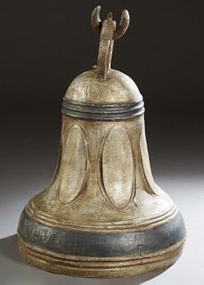 Large Carved and Polychromed Lighted Wood and Papier Mache Bell Sign, 19th c., the rim with applied wooden Roman numerals MCLXXXIV (1184), H.- 44 1/2 
