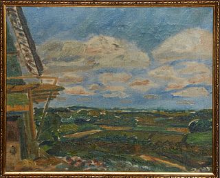 American School, "Landscape with Clouds," 20th c., oil on canvas, signed indistinctly lower right, presented in a narrow gilt and gesso frame, H.- 12 