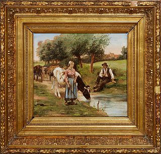 A. Mattel, "Cows Watering in a Landscape," 19th c., oil on panel, signed lower right, presented in an antique gilt and gesso frame, H.- 8 3/8 in., W.-