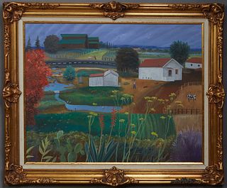 American School, "Farm Landscape," 20th c., tempura on board, signed indistinctly in the lower right, presented in an elaborate gilt wooden frame, H.-