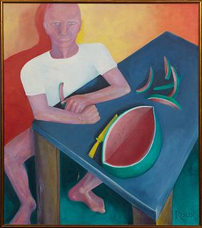 Roux, "Man with Watermelon," 20th c., oil on canvas, signed lower right, presented in a stepped gilt frame, H.- 42 1/4 in., W.- 36 1/2 in.