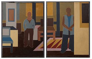 Loulyn Carstater (1941-1998, New Orleans), "Man in a Doorway," 20th c., two abstracts, oil on burlap, unsigned, unframed, Each - H.- 41 in., W.- 31 in