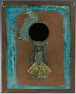 Jim Block (1960-, New Orleans), "Broom," 20th c., collage on copper, unsigned, unframed, H.- 9 1/2 in., W.- 7 1/2 in., D.- 1 in. Provenance: from the 