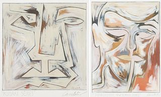Loulyn Stewart Carstater (1941-1998, Louisiana), "Kubaki Series," and "Thinker (Basic New Yorker Series," 20th c., pair of abstract gouaches, signed l