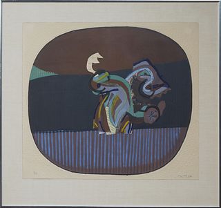 Jose Ortega (1921-1990, Spanish), "Abstract in an Oval," 20th c., mixed media print on embossed paper, edition 3/120, signed lower right, editioned lo