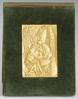 Egidio Giaroli (1912-2000, Italy), "The Woman at the Well," 20th c., gilt bronze plaque, signed lower right, presented in a fitted cloth covered case,