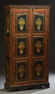 Italian Style Paint Decorated Cabinet, 20th c., the stepped crown over double doors with hand painted floral and bird decorated panels, flanked by lik