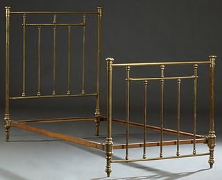 Continental Highback Single Brass Bed, c. 1900, with cylindrical posts and crosspieces, with iron rails, H.- 51 in., Int. W.- 40 in., Int. D.- 74 in.
