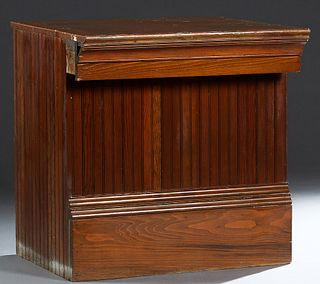 Carved Cypress Bar, 20th c., with a copper top over a beaded board front and sides, with two rear open shelves, on a plinth base, H.- 36 1/4 in., W.- 