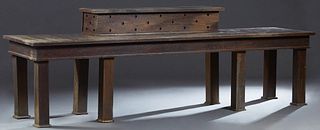Unusual Cypress Ribbon Wrapping Table, early 20th c., the superstructure designed to hold spools of ribbon, atop a long rectangular wrapping table, on