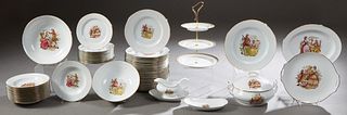 Fifty-Seven Piece Set of French Limoges Porcelain Dinnerware, 20th c., by "La Reine," with gilt rims and transfer decoration of people in 18th c. cost